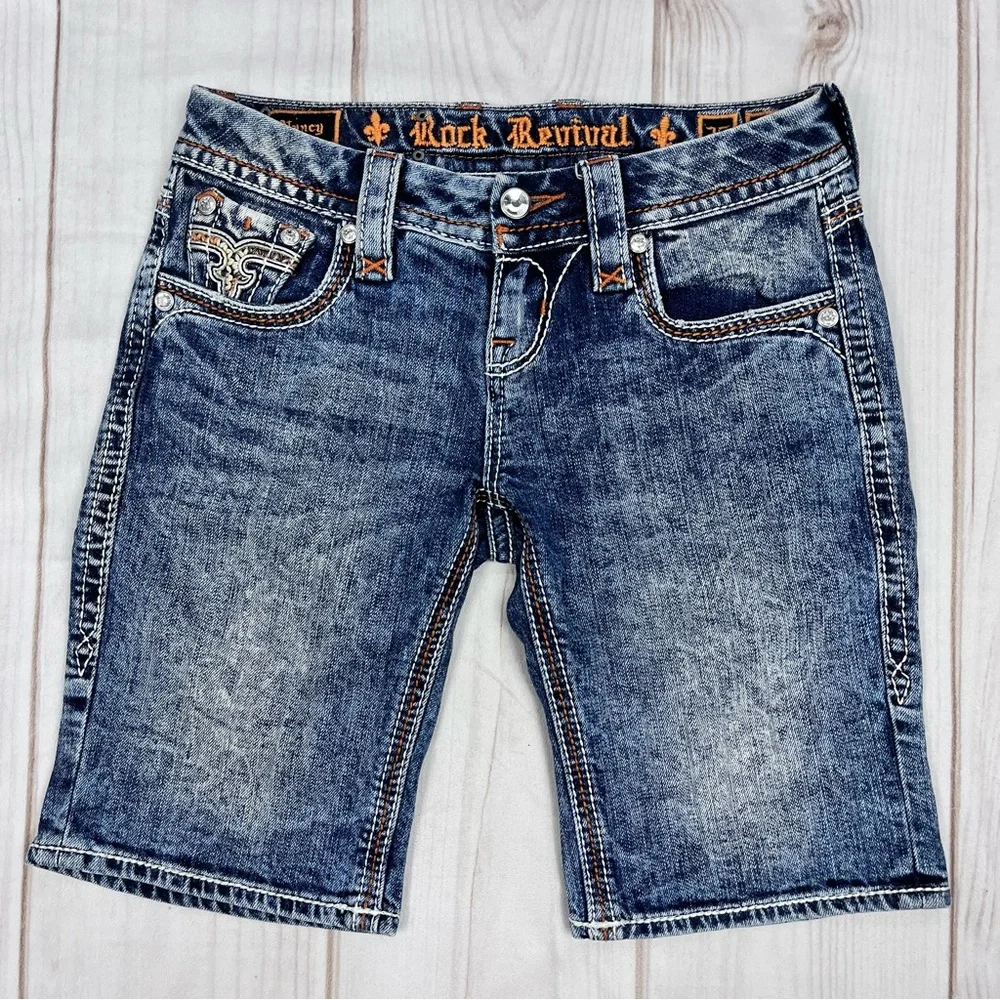Rock Revival Nancy Bermuda Stretch Denim Shorts Distressed Blue Sz 25